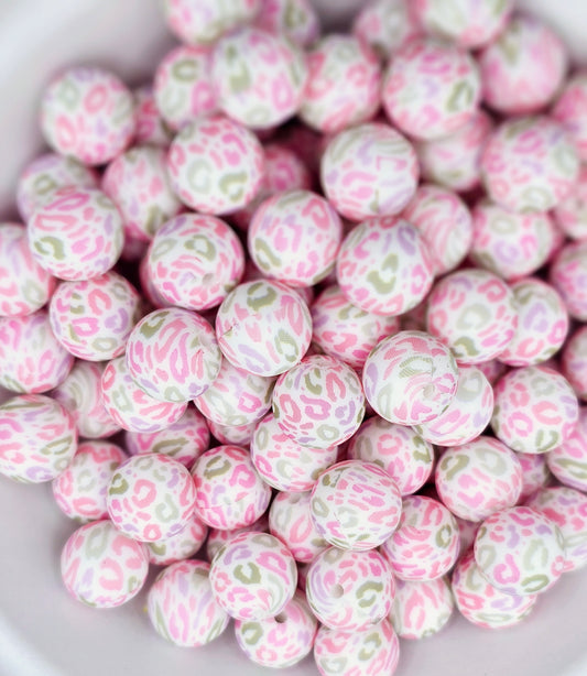 446 Pink and green cheetah print 15mm silicone round bead