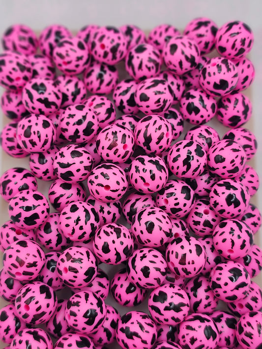 Pink rustic cow 15mm silicone round bead