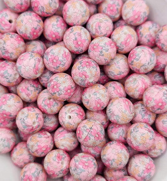450 Pink spring flowers 15mm silicone round bead