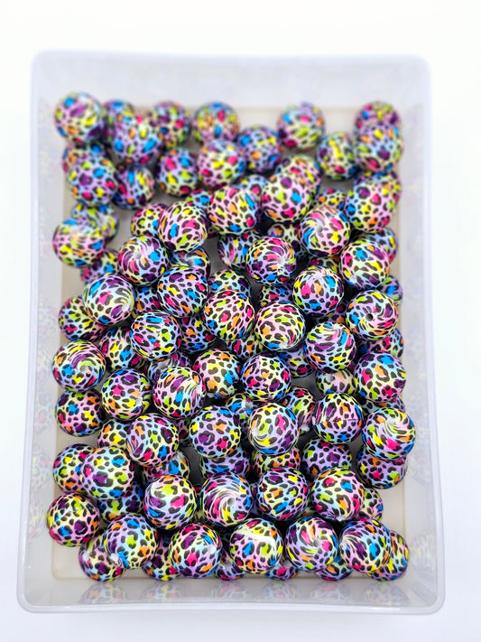 Purple rainbow cheetah print 15mm silicone round bead