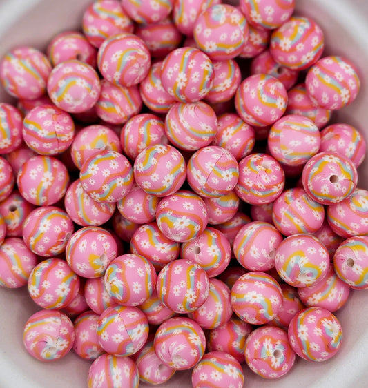 447 Pink retro daisy stripes 15mm silicone round bead
